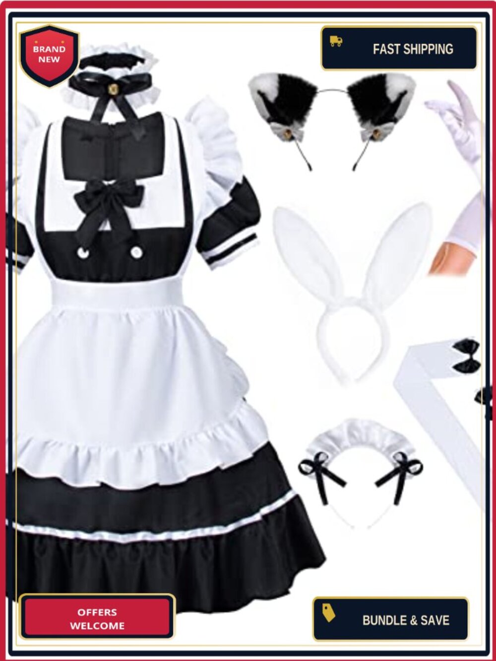 Anime Bunny Maid Cosplay Costume 7-Piece Set Lolita Dress Furry Cat Ear